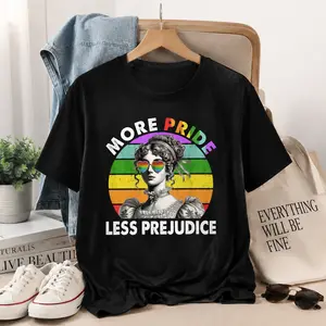 Premium Soft Cotton Unisex More Pride Less Prejudice Vintage Lady Rainbow Pride Crew Neck Graphic Print T-Shirt Summer Wins Birthday Gift Casual Summer Daily Tee summerwins 4thOfJuly IndependenceDay Gift Sports & Outdoors