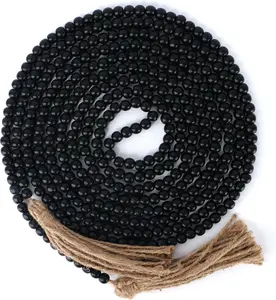 16 Feet Wood Beads Garland with Tassels Farmhouse Rustic Wooden Decorative Bead String Wall Hanging Accent for Festival Decor. Black