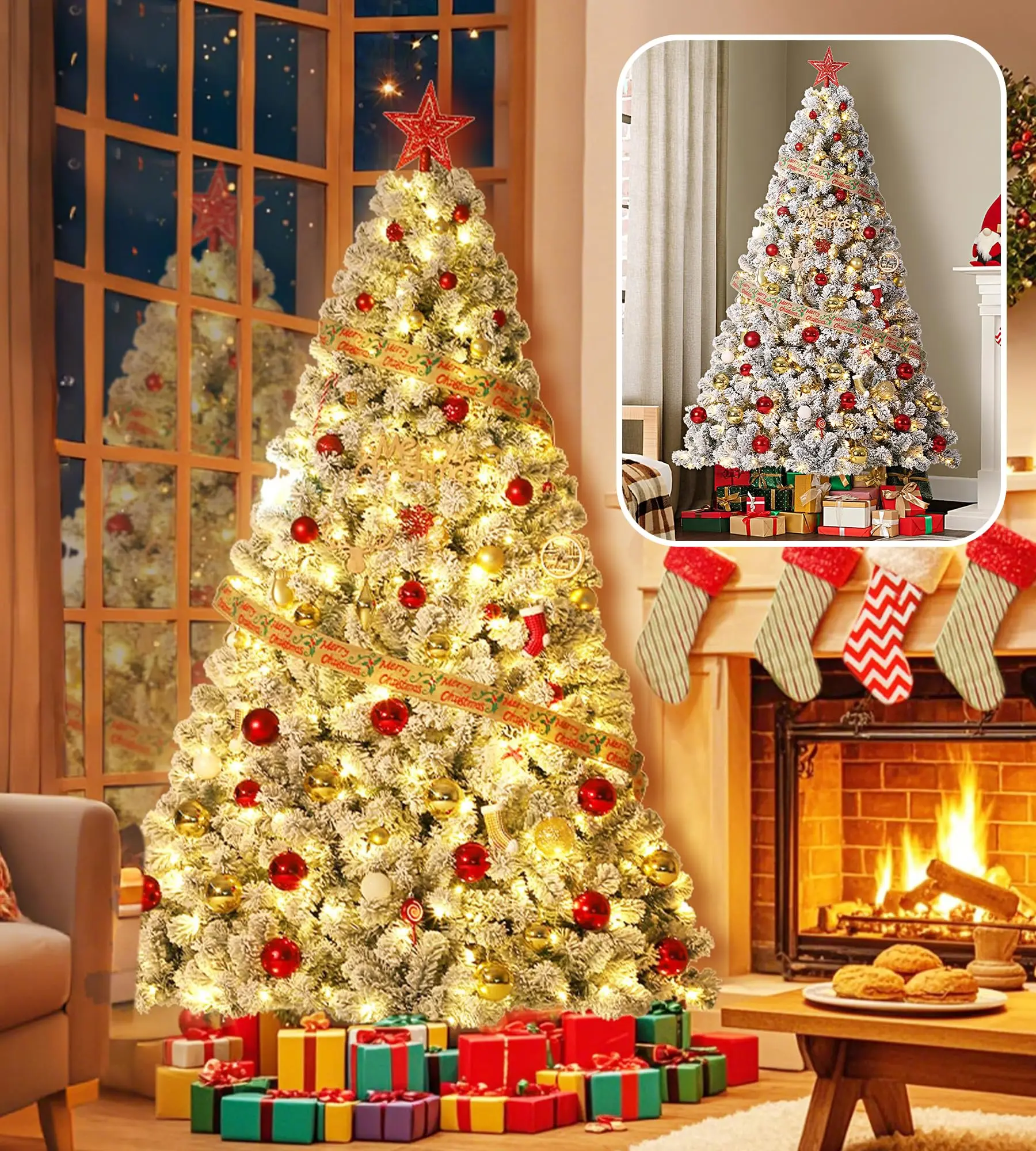 GARVEE 6 ft Prelit Christmas Tree with 250 LED Lights, Artificial Snow Flocked Full Xmas Tree with 710 Branch Tips, Green & White Christmas Decorations