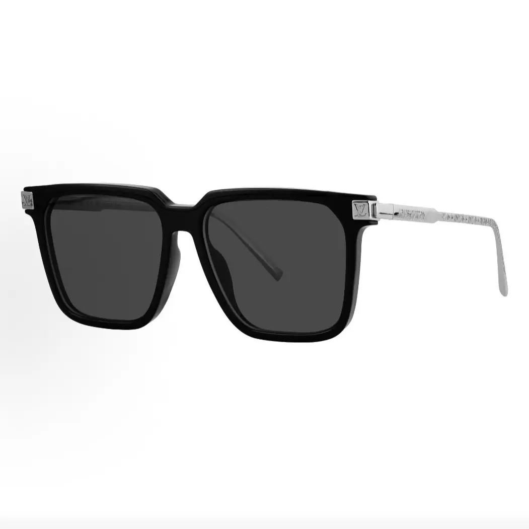 Pre-owned Brand new Louis Vuitton Thick Square Sunglasses, Gloss Black Acetate Front Frame / Silver Textured Metal Temples, Solid Dark Grey Lens（Do not purchase directly. Contact us for details.）