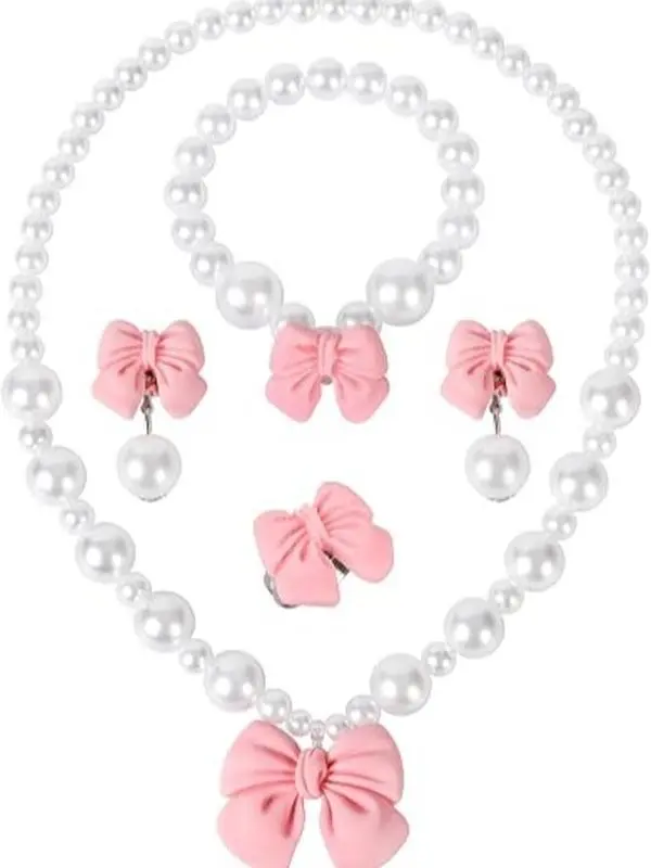 Baby Girl Princess Pearl Jewelry Set with Handmade Bow, Stretch Necklace, Bracelet, Ring & Clip-On Earrings for Baby Shower, Birthday & Dress-Up