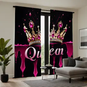 Open Style 2 Pieces HD Black Background Gold Crown Pink Gemstone Light Effect Text Queen Series Digital Print Curtains Home Decoration Style Decor Living Room Bedroom Rod Curtains Effect Style Bedroom Study Room Window