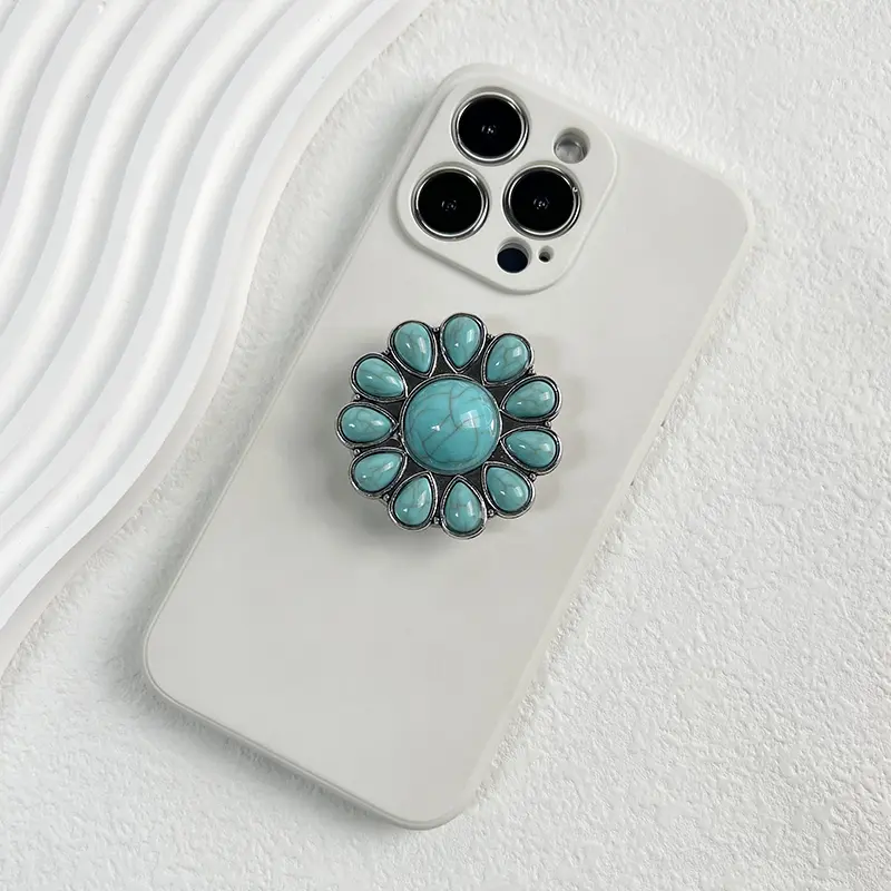 Foldable Plastic Mobile Phone Grip, Adhesive Cellphone Holder for iPhone 15 Pro, 16, 17 Pro Max, Elegant Turquoise Self-Adhesive Phone Mount Anywhere Fashion Accessory