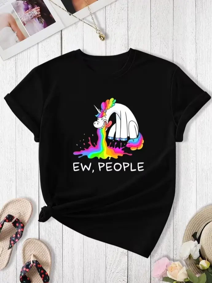 Ew People Funny Rainbow Unicorn Print Black Crew Neck Casual Short Sleeve Introvert Sarcastic Graphic T-Shirt