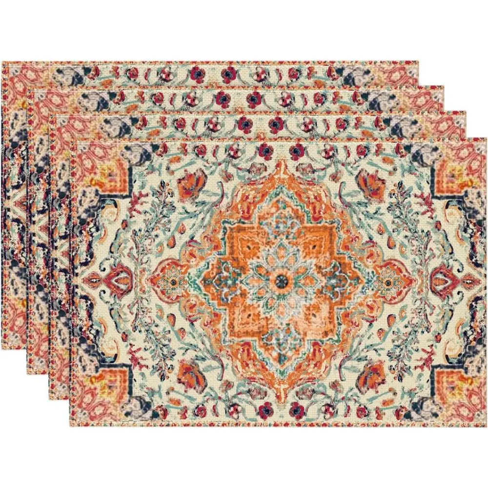 Bohemian Rectangle 4-Piece Set Placemats & Coasters - Colorful Orange Teal Floral Fabric Mats (12x18 in), Stainproof Durable Kitchen Tableware for Home Receptions, Dining Decoration, Four Piece Set Placemats & Coasters