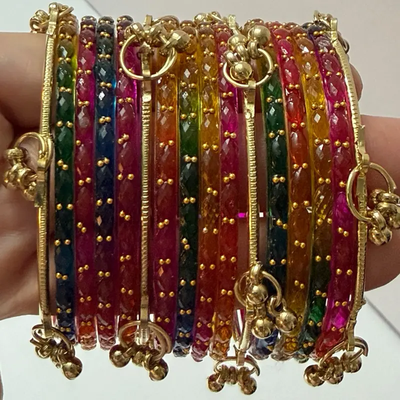 Premium Raindrop Glass & Metal Stacking Bangles with Kashmiri Ghungroo, Sparkling Shine, Casual Wear (Set of 16, Size 2.6) Indian Stacking Bangle Set Bracelets Stacking