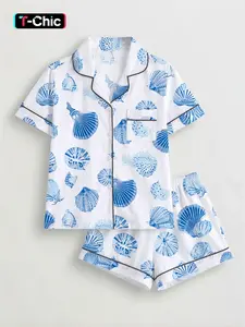Summer Ocean Theme Shell Print Pajamas, Blue Shell Print Matching Sleepwear Set, Casual Short Sleeve Shorts Set, Versatile Home Wear Loungewear