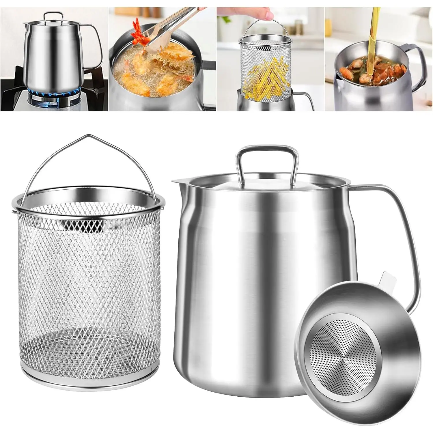 304 Stainless Steel Oil Filter Pot,68oz Bacon  Container with Strainer,Cooking Oil Container With Frying Basket,Large Capacity Multifunctional Oil Strainer Pot for Kitchen and Camping (2L)