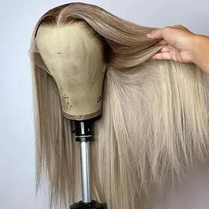 28 30 32 Inch Brown Root Ash Blonde Straight 13X4 Lace Frontal Human Hair Wigs Transparent Lace 180 Density Ombre Ash Blonde Human Hair Wig for Women Pre Plucked SpringStatements