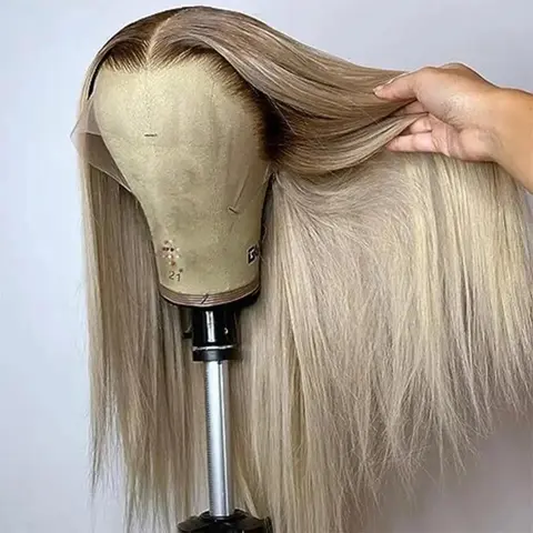28 30 32 Inch Brown Root Ash Blonde Straight 13X4 Lace Frontal Human Hair Wigs Transparent Lace 180 Density Ombre Ash Blonde Human Hair Wig for Women Pre Plucked