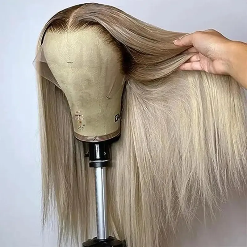 28 30 32 Inch Brown Root Ash Blonde Straight 13X4 Lace Frontal Human Hair Wigs Transparent Lace 180 Density Ombre Ash Blonde Human Hair Wig for Women Pre Plucked