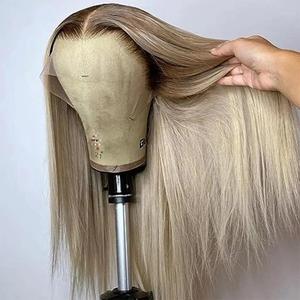 28 30 32 Inch Brown Root Ash Blonde Straight 13X4 Lace Frontal Human Hair Wigs Transparent Lace 180 Density Ombre Ash Blonde Human Hair Wig for Women Pre Plucked