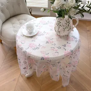 Floral Embroidery Lace Tablecloth, Round Tablecloth with Lace Trim, Decorative Tablecloth for Home Living Room Dining Room
