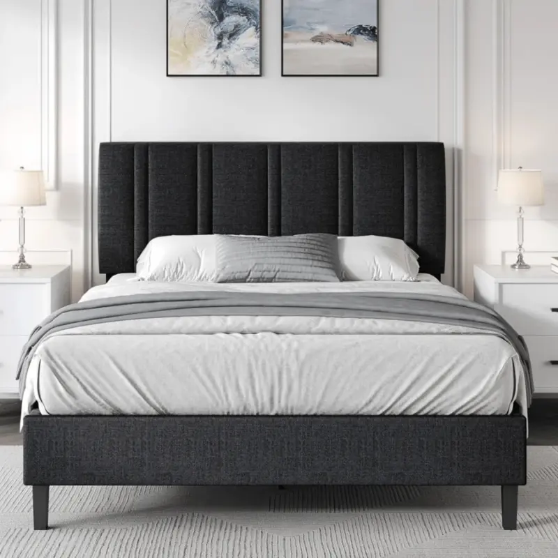 Upholstered Bed Frame with Classic Design Tufted Linen Fabric Headboard, Modern Platform Bed, No Box Spring Needed, Easy Assembly, Available in Twin, Full, Queen Sizes , Classic Design Headboard, Adjustable Height Headboard, Twin Bed Frame