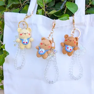 Bear Apron Crocheted Keychain | Cute Handmade Cartoon Car Keyrings | Kawaii Bag Holographic Charm