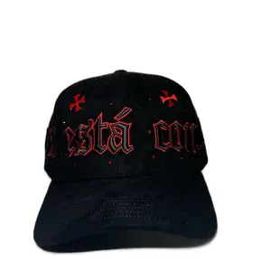 DIOS ESTÁ CONMIGO BLACK & RED 5 Panel Adjustable Luxury Suede Cap with Satin Interior Snapback Closure for Sports & Everyday Wear