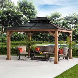 SUNJOY 11x13 Cedar Hardtop Gazebo with Ceiling Hook & Durable Steel Roof - Natural Cedar