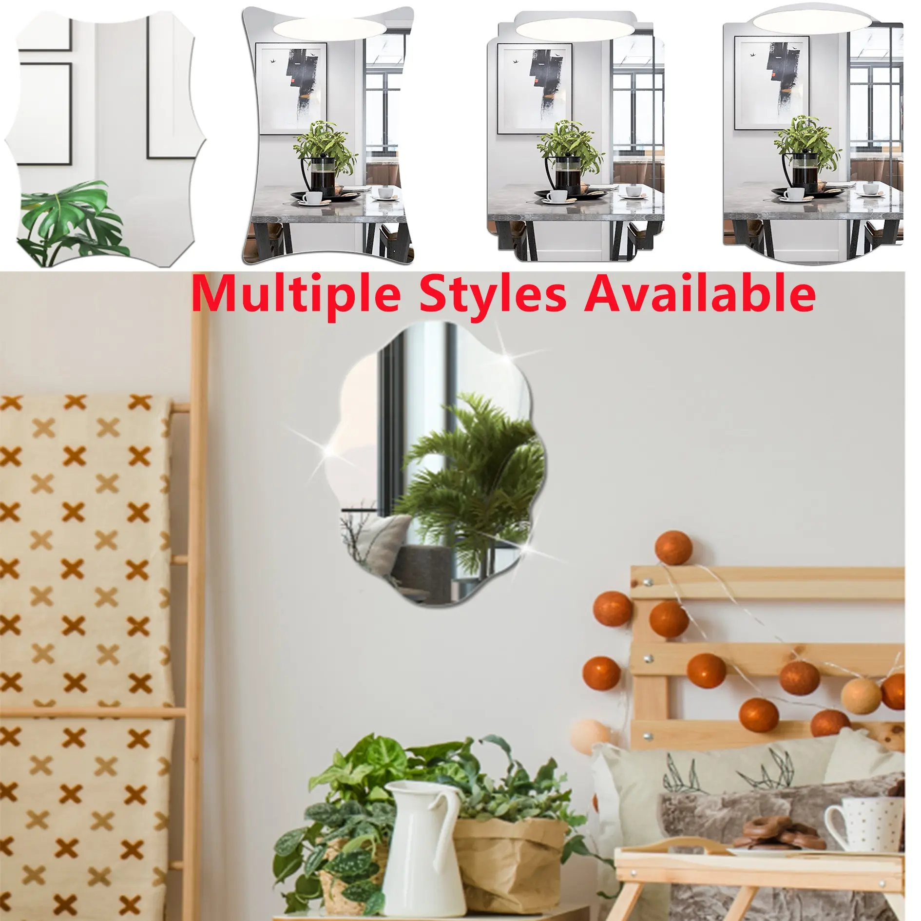Modern Classic Silver Color Irregular Shape Wall Mirror, Mirrors for Wall, Acrylic Material, No Drilling Self-Adhesive, Home Decor for Bedroom, Living Room, Bathroom, Decorative Wall Mirror