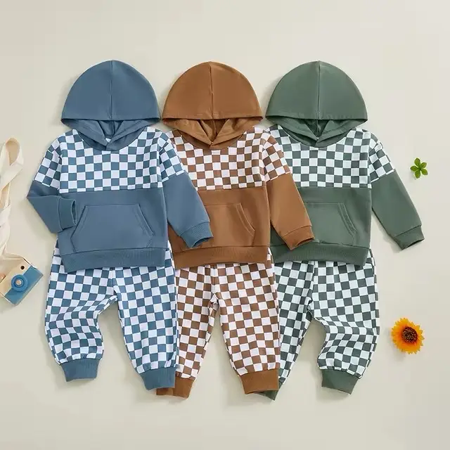 Plaid Print Hoodies and Pants Set for Toddler Boys