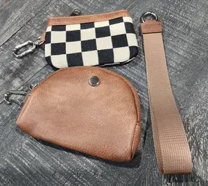 Dual Pouch Wristlet Faux Leather Checkerboard Print Silver Metal Hardware