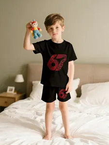 Two-piece Boys' Tracksuit in Black-Red Spiral Design, Short Sleeve and Shorts Set, 100% Polyester Casual Loose Outfit, Summer Fun Printed Pattern, Outdoor Sports T-shirt Suit, Perfect Gift for Boys