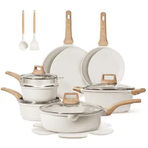Carote Nonstick Pots and Pans Set, 18 Pcs Granite Kitchen Cookware Sets (White)