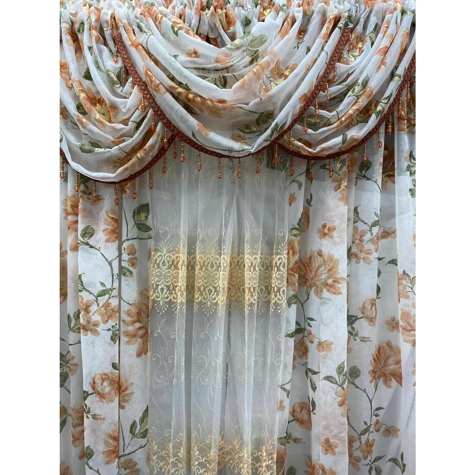 Anna 6-Piece Luxury Orange Curtain Set With Amy Embroidered Panel