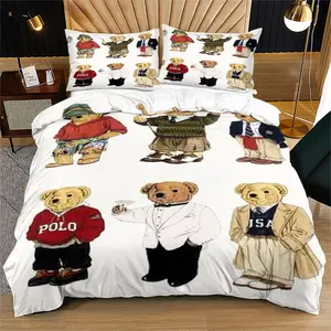 Teddy bear pattern printed duvet cover, cute adult bedroom decoration gift, including 1 duvet cover and 1 or 2 pillowcases without core and pillow