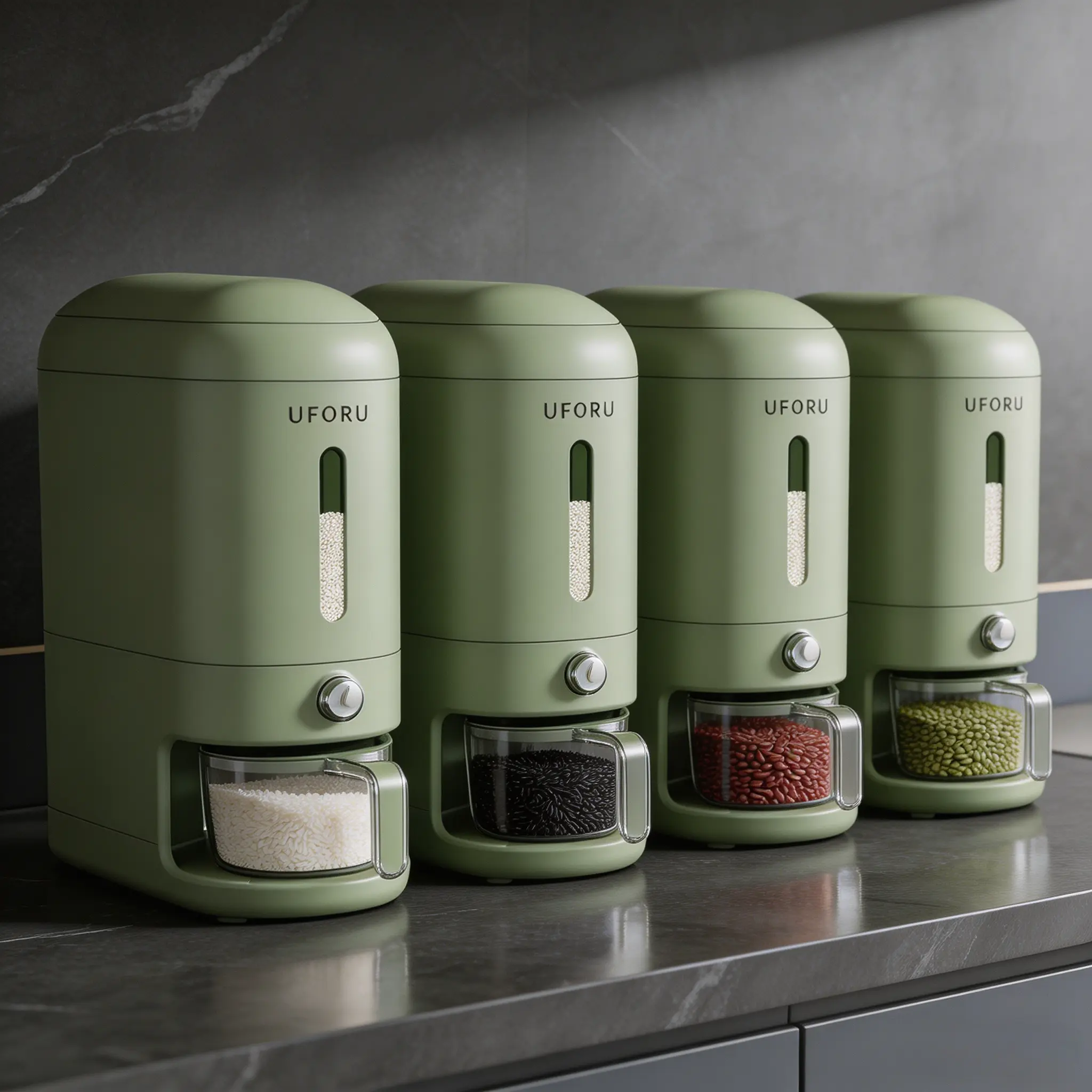 Green Compact Vertical Rice Dispenser - 1 Unit ABS Grain Storage Container with Visible Window, 1-Touch Press Dispensing, Airtight Containers, Detachable Bowl, Compact Minimalist Countertop Silhouette for Kitchen Counter, Cabinet Pantry, Daily, Single-Gra
