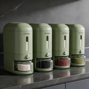 Green Compact Vertical Rice Dispenser with Visible Window, 1-Touch Press Dispensing, Airtight Seal, Detachable Bowl - Space-Saving Dry Food Storage Bin for Kitchen Counter, Cabinet Pantry