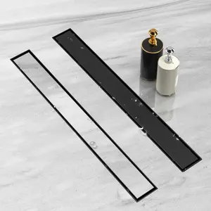 36 Inch Linear Shower Drain with 2-in-1 Flat & Tile Insert Cover,   304 Stainless Steel Rectangle Shower Floor Drain with Accessories, Matte Black