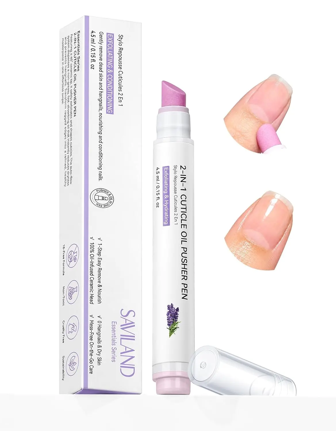 SAVILAND 2-in-1 Cuticle Oil Pusher Pen Ceramic Tip for Dry Cuticle Repair | Gentle Exfoliation Deep Hydration, 45° Beveled Ceramic Tip, No-Mess Dispensing, Travel-Friendly, Fast-Absorbing Lavender Oil