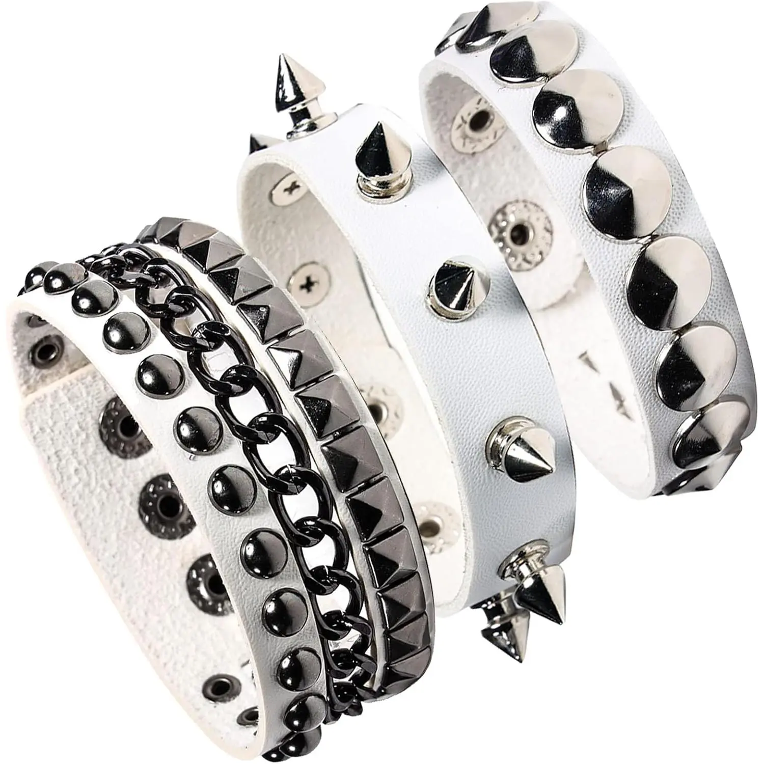 3-Piece Punk Cuff Bracelet Set in White PU Leather & Alloy, Gothic Jewelry with Spikes, Rivets & Chain, Adjustable Size Unisex Wear, Gothic Style, Rock Concert Edge, Dimensions, Bracelets, Adjustable Sizes, Gothic Events