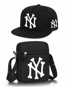 Fashion Letter Pattern Print Set, Unisex Flat Brim Hip-Hop Baseball Cap and Crossbody Bag, Street Style Outdoor Sports Hat and Bag