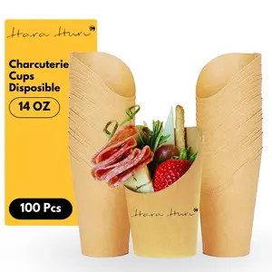 Charcuterie Cups (100 PCS), 14 Oz Disposable French Fry Holder, Food Grade Kraft Paper, Classic Brown Paper Cones for Various Occasions - HaraHuri