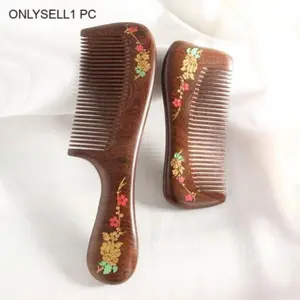 Natural Sandalwood Hair Comb, Fine-Tooth Anti-Static Brush, Vintage Hand-Painted Design, Home Salon Travel Essential, Wooden Comb, 1pc/2pcs