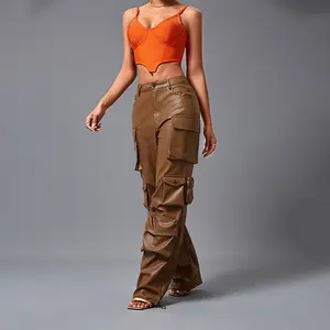 Faux Leather Cargo Trousers with Front Zipper and Multiple Pockets for Stylish Wear All Seasons Brown/Black Color