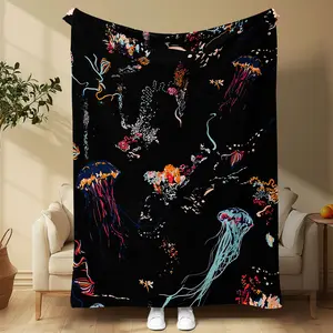 Dark Jellyfish Flannel Blanket, Ocean World Inspired Soft Warm Throw for Sofa Office Bed Camping Travel, Multiple Sizes Available