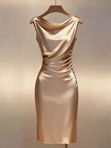 Summer Women's Slim Fit Solid Color Knit Knee-Length Dress, Apricot Sleeveless Mock Neck Design with Buttons, Elegant All Seasons Wear