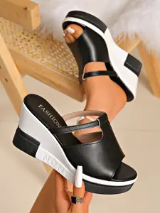 Women's European Style Thick Sole Wedge Sandals, Solid PU Leather, Above Ankle Comfortable Summer Shoes for Daily Commute & Vacation