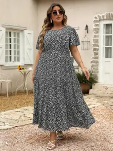 Women's Ditsy Floral Print A Line Dress, Boho Fashion Casual Plus Size Short Sleeve Dress for Daily Wear, Women Clothing, Womenswear, Summer Boho Clothes Women