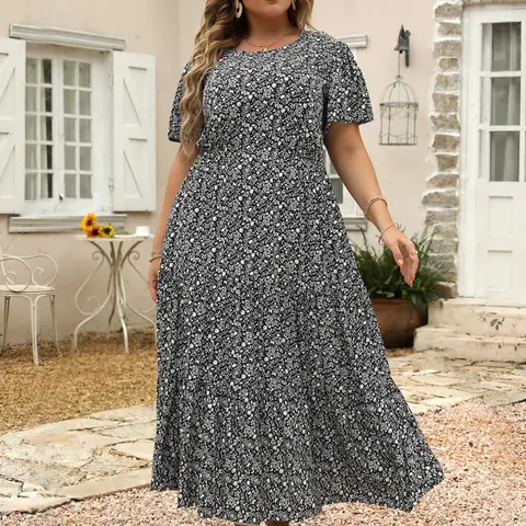Women's Plus Size Ditsy Floral Print A-Line Dress, Fashion Casual Short Sleeve Dress for Daily Wear, Women's Summer Clothing, Womenswear Boho Clothes for Women, Floral Print Dresses