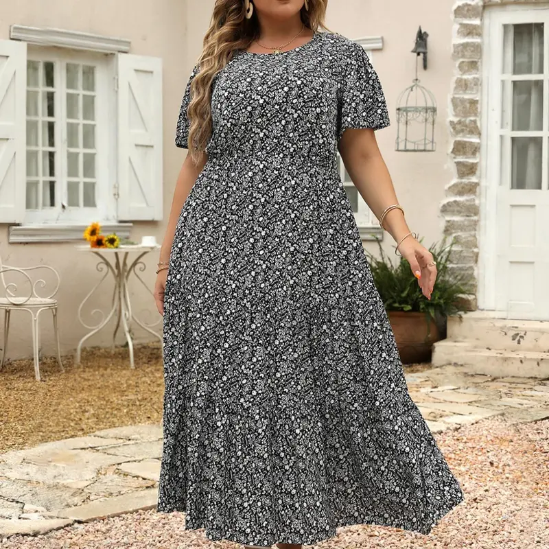 Women's Plus Size Ditsy Floral Print A-Line Dress, Fashion Casual Short Sleeve Dress for Daily Wear, Women's Summer Clothing, Womenswear Boho Clothes for Women, Floral Print Dresses