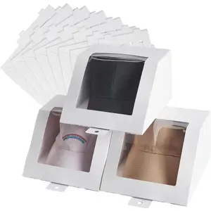 10 Pcs White Hat Box, Foldable Cardboard Gift Boxes with Clear PVC Window, 7.8" x 7.8" x 4.7" Containter for Baseball Hat Display Case Holder
