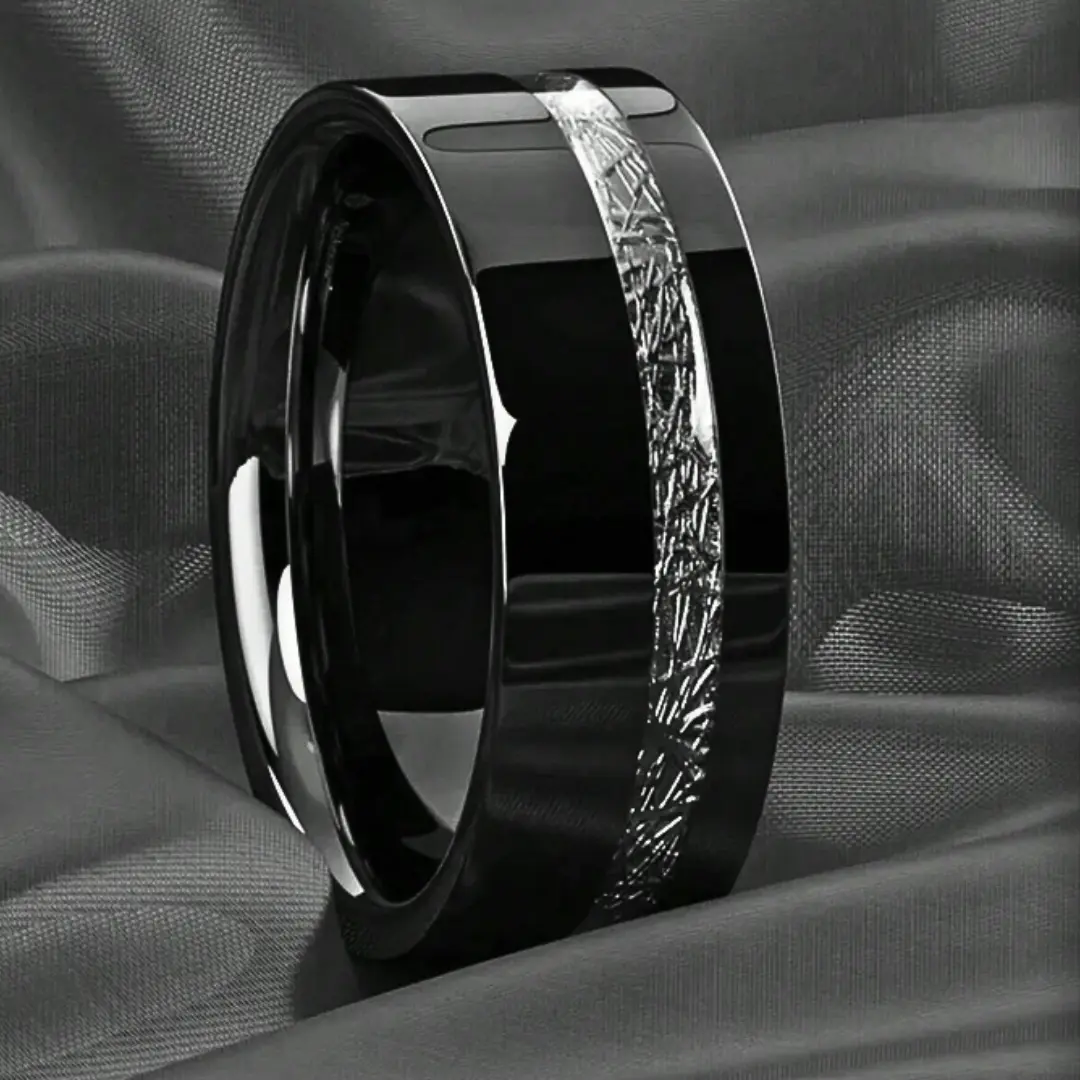 1pc Men's Fashion Black/Blue Ring, Vintage Silver Color with Meteorite Inlay, Wedding/Engagement Ring, Gift for Valentine’s Day, Tungsten Rings