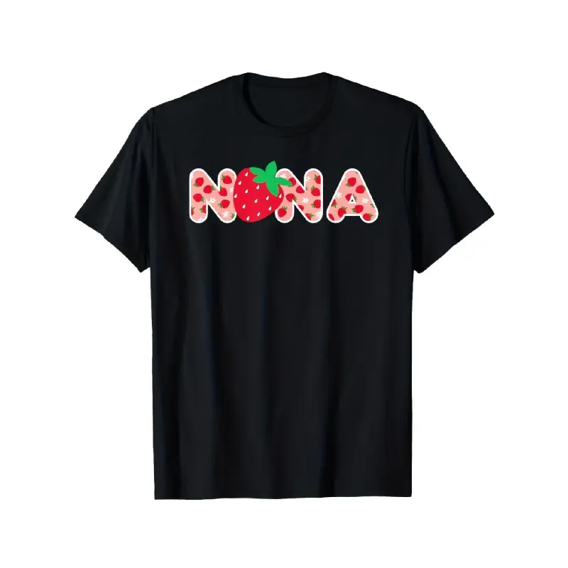 NANA Strawberry Printed Short - Sleeve T - Shirt, Black, Casual Daily Wear Top, Suitable For Spring, Summer And Autumn, Cute And Sweet Style, Ideal For Strawberry - Themed Gatherings, Family Activities, Daily Outings, A Heart - Warming Gift For Grandma Or