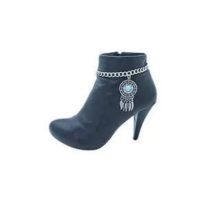 Women Western Fashion Jewelry Metal Boot Chain Anklet Heel Shoe Ethnic Feather Charm Turquoise Blue Bead (Silver)