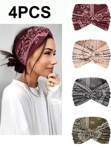 Women's Hair Bands 4-Piece Set, Wide Thin Elastic Bohemian Dyed Knot Hairbands, Vintage Style Sports Yoga Makeup Spa Fashion Accessories