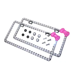Dazzling Addiction 2 3D Bling License Plate Frames Big Chunky Pearls Creamy White with Hot Pink Bow Made in USA Handmade 1 Row Holder Screw Caps Personalizable Customizable Customized Bedazzled Sparkly Gift for Girls Women 2 Holes Crystals Diamond