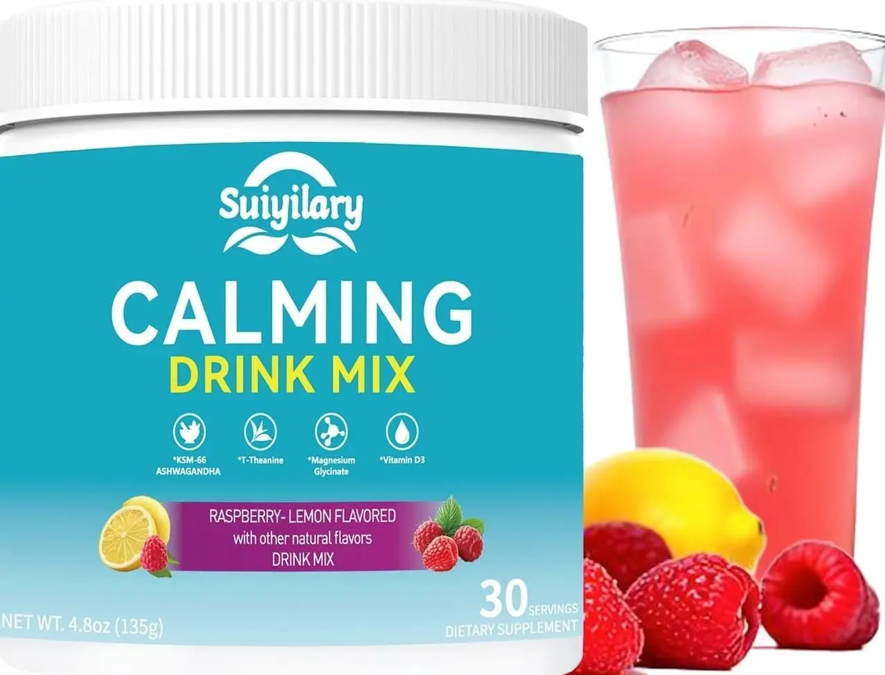 Calm Magnesium Powder, Cortisol Supplements Drink Mix No Sugar for L-Theanine, KSM66 Ashwagandha, Magnesium Glycinate, Vitamin D3, Relaxation, Focus, Raspberry Lemonad, 30 Servings